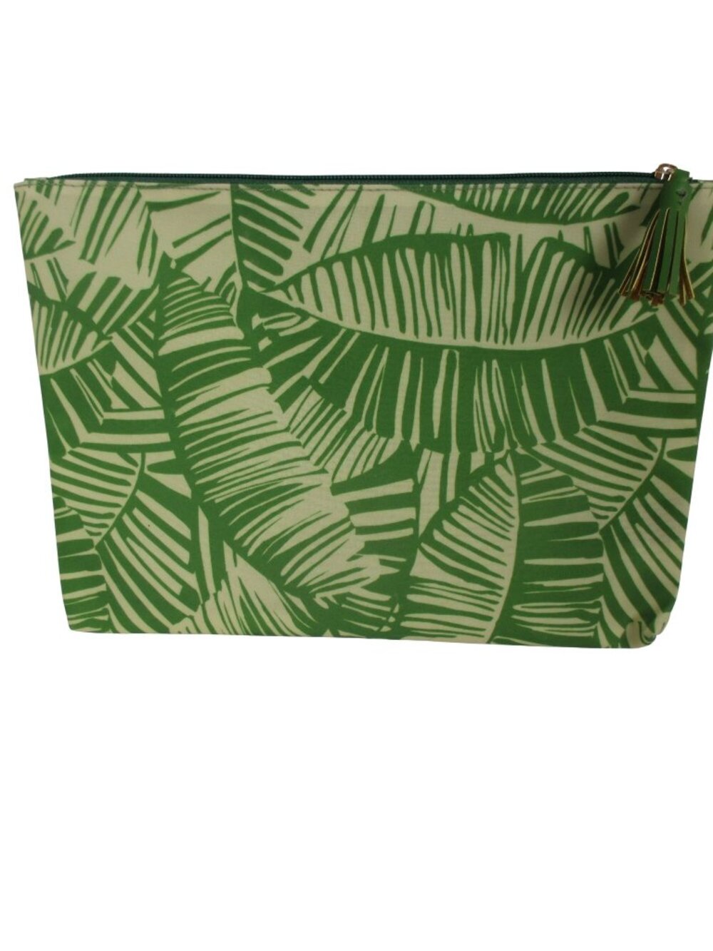 Chico's Tan Green Palm Leaf Print Tropical Pouch Bag Summer Beach Casual
